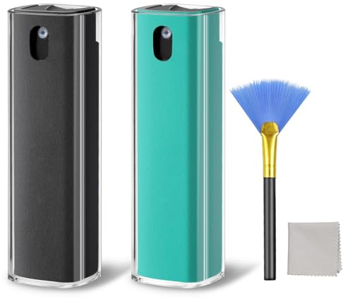 JiaTeums Electronics Lot de 2 vaporisateurs de nettoyage d'écran pour écran tactile, téléphone, ordinateur portable, objectif, TV, PC, écran de voiture avec brosse et chiffon en microfibre Gris vert