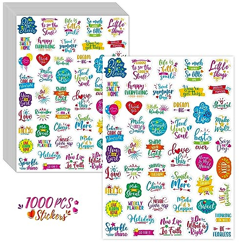 1000 PCS Inspirational Words Sticker, 20 Sheets Clear Water/Oil/Tear Resistant Labels- Remove with No Residue Left, Colorful Encouraging Scripture Decals for Bottles Computer Planner Scrapbooks Album