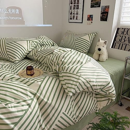 GETIYA Herren Damen Bettwäsche 200x200 Baumwolle Bettwäsche Streifen Muster Geometrische Bettwäsche Grün Weiß Gestreift Bettbezug Doppelbett mit 2 Reißverschluss Kissenbezug 80x80