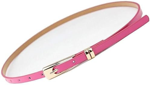 FATASH Womens Skinny PU leather Belt with Adjustable Gold Metal Buckle Vintage Style Solid Color Waist Strap | Ladies Fashion Slim Waistband | Classic Retro Thin Belt for Dresses Jeans Coat Hot Pink