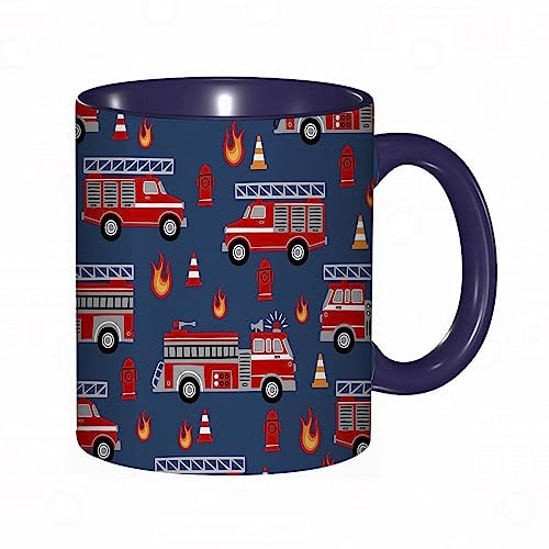 RFSHOP Kaffeetasse Feuerwehrauto Red Fire Supplies Hydrant Leiter Feuerlöscher Feuerwehrmann Barrikade Quilt Red G Print 11oz Keramik Teetasse mit Griff für Home Office Weihnachten Geburtstag