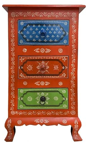 Oriental Galerie Kommode mit Schubladen Indien Nachtkonsole Schrank Schränkchen Schubladenschrank Rot Bunt Cowo 75 cm