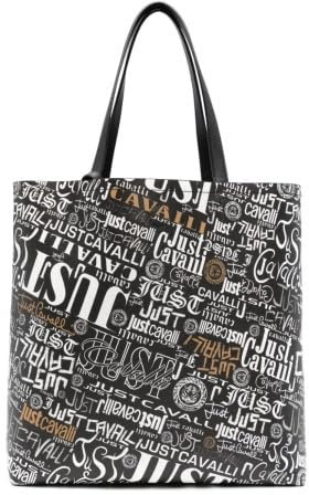 Just Cavalli Shopper, Schultertasche, Logoprint Schwarz-Weiß-Beige