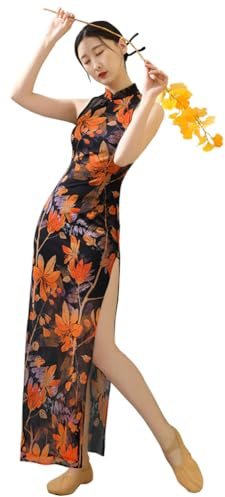 ROYAL SMEELA Cheongsam sin Mangas Largo Sexy Vestido Qipao Imprimir Negro Mujer Ropa China Mujer Tradicional Cheongsam Qipao Vestido Tradicional Chino Vestido de Qipao División Estilo Chino Adulto