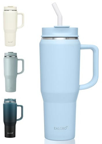 EALGRO Bicchiere da 1,18 ml con manico, bicchieri isolati con coperchio e cannuccia, grande borraccia sportiva in metallo, tazza termica da viaggio in acciaio inossidabile, blu