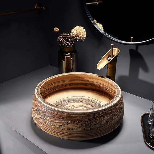 Fregadero Redondo para Lavabo sobre encimera, Fregadero Redondo con Grifo y escurridor, Fregadero de cerámica para baño sobre encimera, Lavabo para tocador de baño