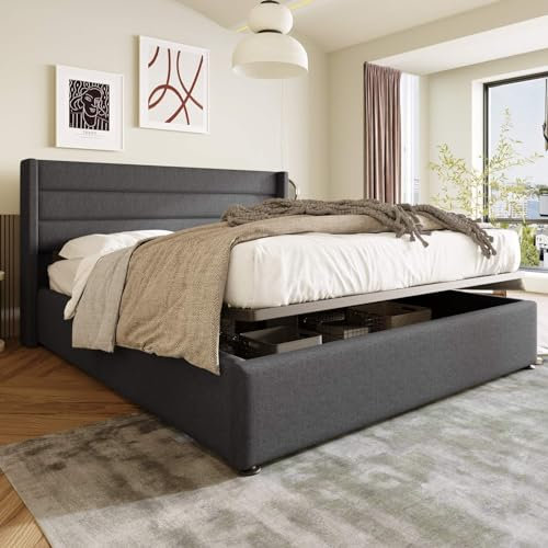 KOMHTOM Lit Double Rembourré Hydraulique de Rangement,Moderne lit Coffre avec Tête,Cadre de lit avec Cadre en métal, Sommier à Lattes en Bois(sans Matelas) (Gris, 140x200 CM)