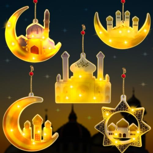TOPJOWGA 5 Stück Eid Ramadan Dekorative Fee Licht, LED Muslim Ramadan Lichter, Ramadan Fee Lichter, Eid Ramadan Laternen Lichter, Mond und Stern Islam Mubarak Dekoration LED Lichter
