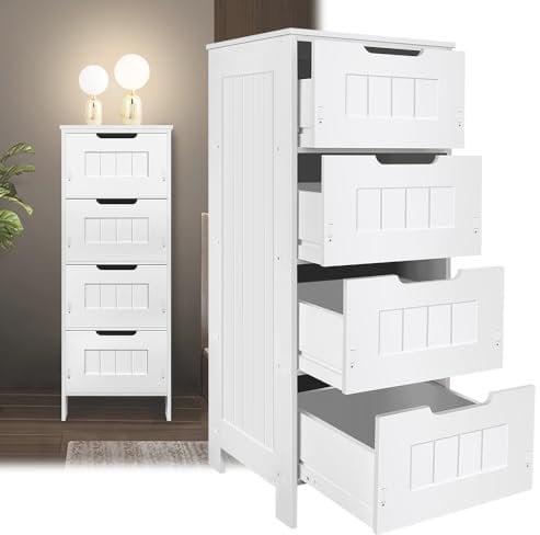 Bathroom Storage Cabinet 4 Drawer Floor Standing Cabinet Unit, White Modern 4 Drawer Bathroom Cabinet, Home Furniture Cabinet PVC for Living Room, Hallway, Space Saver, H32 x W11.8 x D11.8 inch