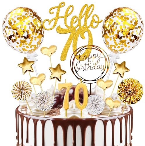 Tortendeko 70 Geburtstag Mann Frau, 20 Pcs Glitzer Tortendeko Gold Deko 70 Geburtstag Frau Mann, 70 Geburtstag Deko Cake Topper mit Geburtstagskerzen, für 70. Geburtstag Party Kuchen Deko