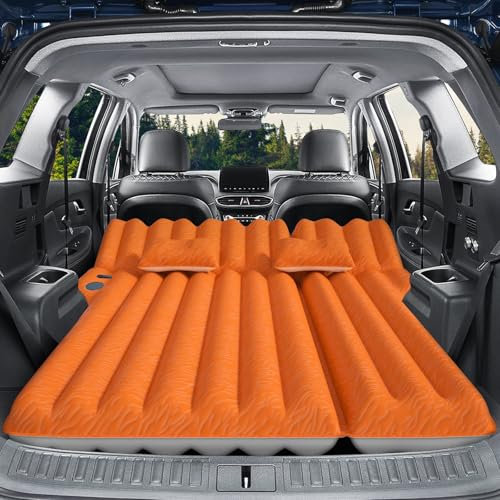 Uncle elk SUV Luftmatratze: aufblasbare Auto Luftmatratze für Camping, Beflockung Autobett mit Luftpumpe & 2 Kissen, Tragbare Isomatte Matratze für Zuhause Auto Reisen Camping Orange