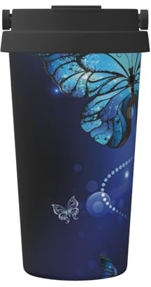 Dark Blue Butterflies Travel Mug, Reusable Insulated Coffee Mugs with Leakproof Screw Lid & Handle for Car Outdoor Picnic Office School, 500ml/17oz
