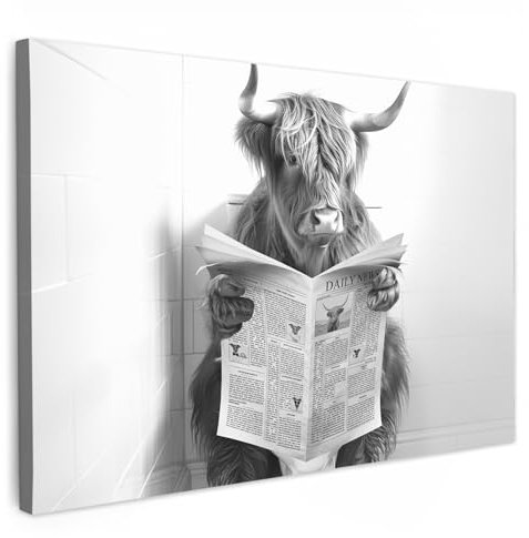 MuchoWow© Leinwand Bilder 90x60 cm Wanddeko Badezimmer WC Aesthetic Room Decor Deko Zimmer Wandbilder Modern Bild auf Leinwand Highlander - Kuh - Toilette - Zeitung - Schwarz und weiß