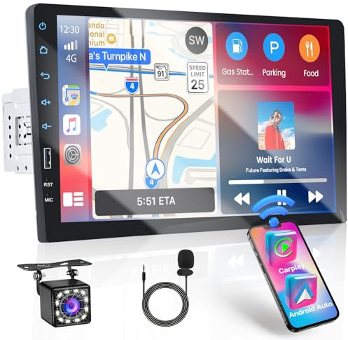 Inefala 9 Pulgadas Pantalla Táctil 1 DIN Radio Coche Inalámbrico Carplay con Android Auto, Actualizar Radio con Bluetooth USB EQ FM SWC Mic Cámara de Seguridad