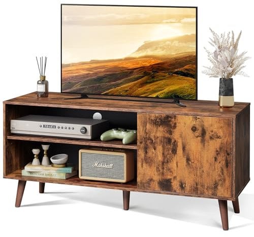 WLIVE Mobile TV, Table de Télévision Jusqu'à 55 avec Armoire de Rangement, Console TV avec Structure en Bois pour Le Salon, la Chambre à Coucher, Le Salon, Style Industriel, Vintage, Marron Rustique