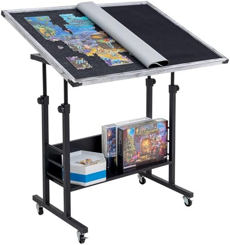 Becko US Jigsaw Puzzle Table Puzzle Board with Cover Puzzle Easel Tilting Table with Height Adjustment for Up to 1500 Pieces, Enclosed with 4 Wheels (Gray)