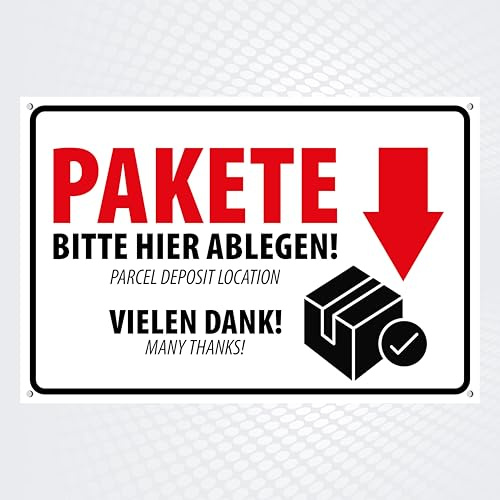Hochwertiges Schild mit UV-Schutzlackierung PAKETE BITTE HIER ABLEGEN 300 x 200 mm rechteckig | Ablageort | Lieferung Haustür Paketdienst |