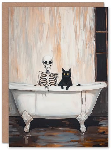 Wee Blue Coo Fun Funny Black Cat and Skeleton Trick or Treat Haunted Scary Halloween Card Blank For All