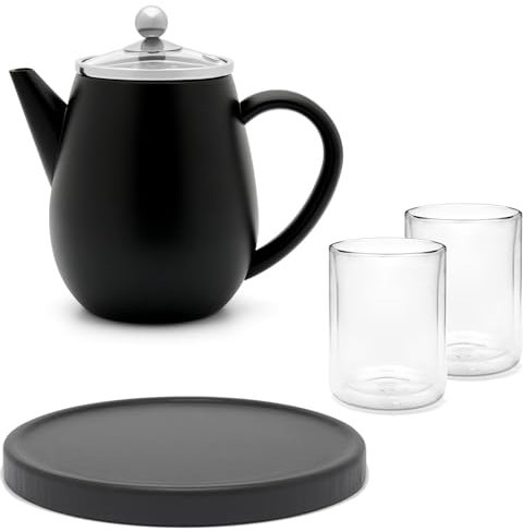 Doppelwandige Mini Teekanne 0.5 Liter schwarz - matte Edelstahlkanne Set mit schwarzem Holz-Untersetzer & 2 isolierende Teegläser je 290 ml
