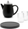 Doppelwandige Mini Teekanne 0.5 Liter schwarz - matte Edelstahlkanne Set mit schwarzem Holz-Untersetzer & 2 isolierende Teegläser je 290 ml