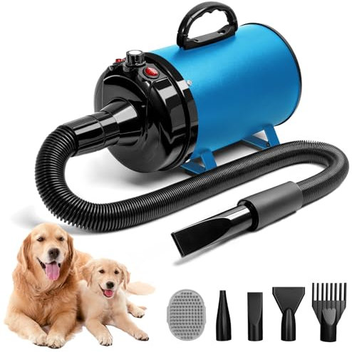 Blanlody Asciugacapelli per Cani, Molto Silenzioso, 5,2 CV/3800 W, Motore Regolabile, Ventilatore per la Cura del Cane con 4 Diversi ugelli, Tubo Elastico