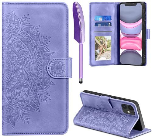EASDNB Lederhülle für iPhone 11 Hülle, Handyhülle für iPhone 11 Flip Wallet PU Leder Case [Kartenfach] [Magnet] [Ständer] Prägung Klapphülle Schutzhülle für iPhone 11, Lila