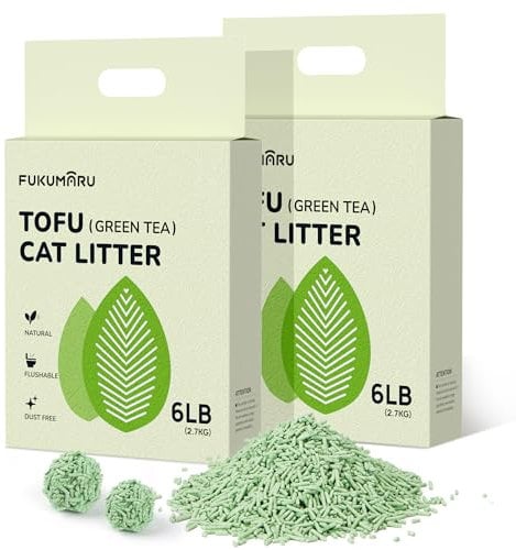 FUKUMARU Tofu Cat Litter, Clumping Cat Litter, Odour Control with Green Tea Scent, Dust-Free and Easy to Clump, Flushable, Direct to Toliet, 2.7Kg x 2bags
