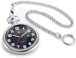 PUREgrey Klassische Taschenuhr mit Kette, Edelstahl, 5 bar wasserdicht, Datumsanzeige, Mineralglas, Ziffernblatt schwarz
