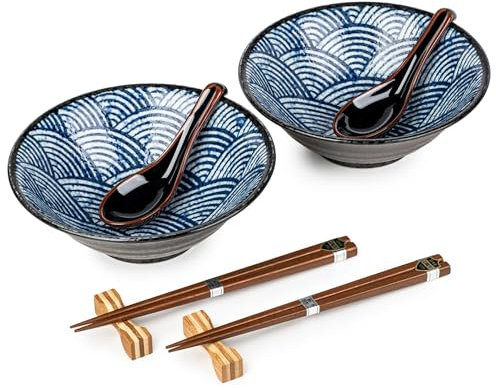 Zen Minded Ensemble De Bols à Ramen en Céramique Japonaise – Motif Traditionnel Seikaiha Ondulé | Bols à Soupe De Nouilles Authentiques avec Cuillères Chirirenge, Vaisselle Asiatique élégante