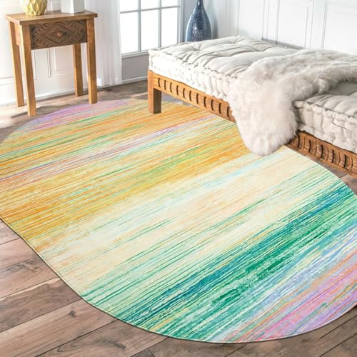 USTIDE Regenbogen-Teppich, oval, 152 x 200 cm, waschbar, weich, für Kinderzimmer, bunt, gestreift, ovaler Teppich für Schlafzimmer/Wohnzimmer/Mädchenzimmer