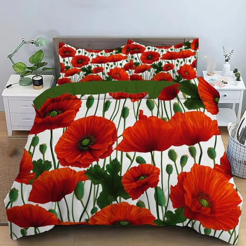 CEDNXOER Bettwäsche 135x200cm 2 teilig Bettbezug - Mohn Landschaft Blumen Bettwäsche 2 Teilig Set mit Reißverschluss, Weich Microfaser Wendebettwäsche Bettbezug mit 1 Kissenbezug