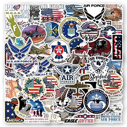 50 Stück Air Force-Aufkleber für Militär-Fans, wasserdichte Vinyl-Aufkleber mit Kampfjets, Emblemen und US-Airpower für Laptop, Koffer, Notebook, Wasserflasche, Sammelalbum, DIY-Dekoration