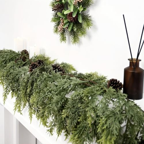 Ghirlanda artificiale di cedro Natale, 2 m, pianta verde di pino cipresso, decorazione da appendere per camino, scale, telaio della porta, decorazione interna ed esterna (1)