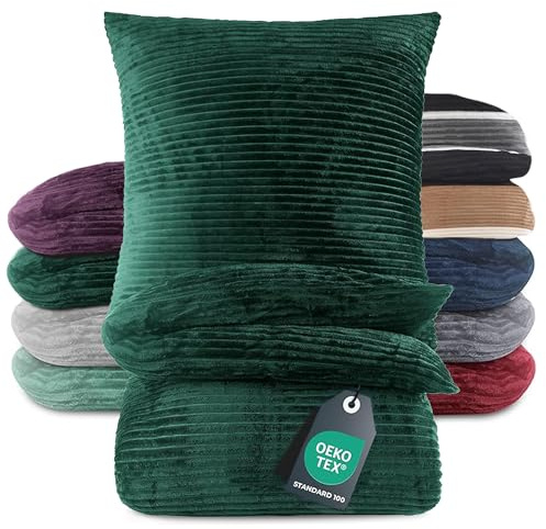 BaSaTex Winter-Plüsch Bettwäsche, 155x220cm, Cord Dunkelgrün | Cashmere-Touch, Plüsch, Rip-Cord Struktur, Kuschelig, Wärmend, Reißverschluss, Öko-Tex Zertifiziert