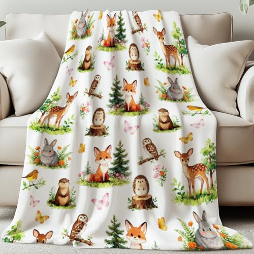 GLOBLELAND Forest Animals Blanket 59×51inch Fox Rabbit Deer Bird Owl | Soft Cozy Flannel Throws, Washable Fuzzy Throw Blanket For Home Office Room Bed Sofa Chair Gifts Birthday