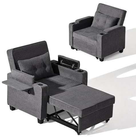 CLIPOP Schlafsofa, 3-in-1 Schlafsessel mit Bettfunktion, Ausziehbarer Sofa mit Schlaffunktion mit USB-C, 3-stufig Verstellbarer Rückenlehne (105°-160°), Stauraum & Getränkehalter (Cord, Grau)