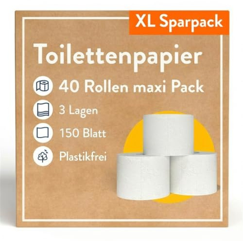 40 Rollen Toilettenpapier 3-lagig – 150 Blatt pro Rolle – Plastikfrei - Toilettenpapier B-Ware – Vorratspackung