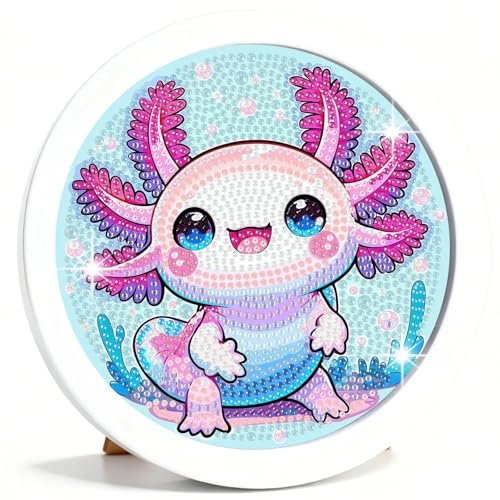 YarnWhimsy Diamond Painting Kinder Axolotl, Diamant Painting Bilder Kinder | Tier Kreativ Crystal Diamond Bastelset für Mädchen und Junge ab 8 9 10 11 12 Jahre, Reptilientier, 21x21cm, runde Rahmen