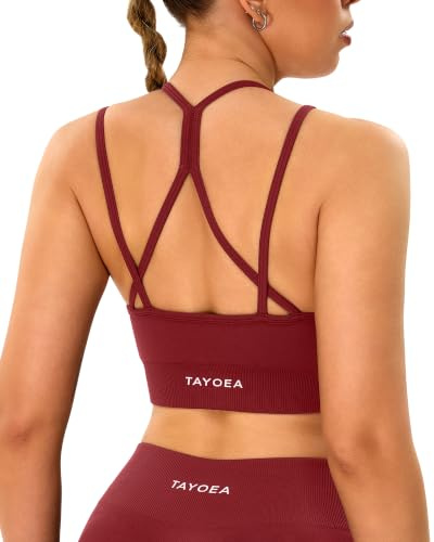 TAYOEA Damen Nahtloser Sport-BH Y-Rücken Weicher Nahtloser Atmungsaktiv Yoga BH Für Laufen & Training Weinrot,M