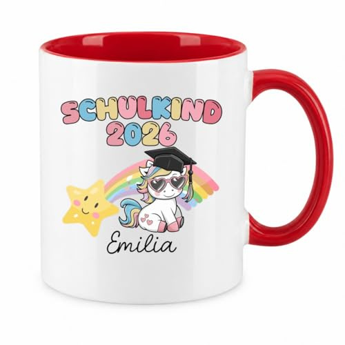 LIEBTASTISCH® Taza personalizada con texto en alemán Schulkind 2026 - con nombre personalizado para escolarización, unicornio, arco iris, taza de café para comienzo del colegio - cuaderno de