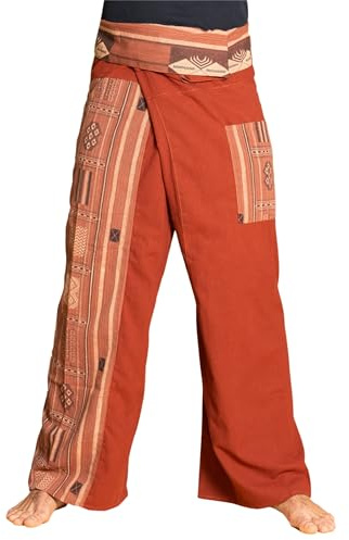 PANASIAM Thai Fischerhose aus Baumwolle für Damen & Herren - Wickelhose | Thai Fisherman Pants, auch als Yogahose oder Kampfsporthose, flexible Passform in 2 Längen, Wickeltechnik, Webmuster Beam