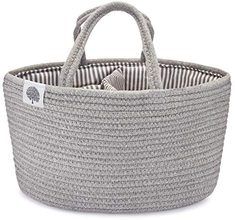 Parker Baby Rope Diaper Caddy Organizer - Nursery Storage Bin and Car Organizer for Diapers and Baby Wipes - Diaper Organizer for Baby Essentials - Gray