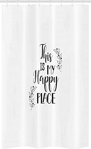 ABAKUHAUS Zitat Schmaler Duschvorhang, Dies ist Mein Happy Place Text, Badezimmer Deko Set aus Stoff mit Haken, 120 x 180 cm, Grau Weiß
