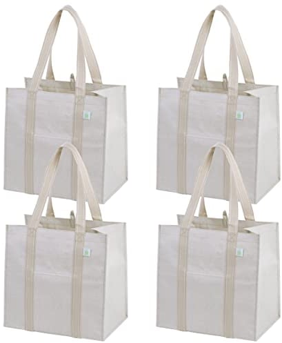 VENO 34 Liter groß Einkaufstasche Faltbare mit festem Boden und Fronttasche, wiederverwendbare Einkaufstaschen Wasserabweisend Tote Bag Einkaufskorb für Einkaufen Picknick (Beige, 4er Pack)