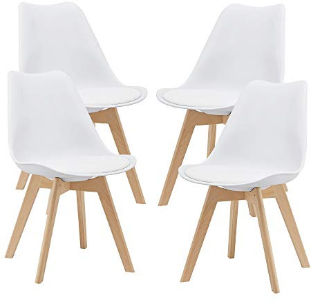 [en.casa] Juego de Sillas de Comedor Fläten Pack 4 Sillas Tapizadas Nórdicas Versátil Asiento Acolchado de Cocina Patas de Madera de Haya Cubierta Cuero Sintético 82x49x54cm - Blanco