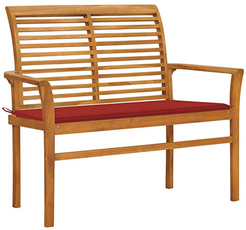 Ksodgun Gartenbank mit Rot Auflage 112 cm Parkbank Sitzbank Friesenbank Gartensessel Massivholz Teak