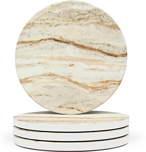 Ensemble de 4 sous-Verres en marbre par Naivasha Homeware - sous-Verres en céramique Finition Mat | sous-Verres en Pierre avec Fond en liège antidérapant pour Tasses et Verres | Brown Marble