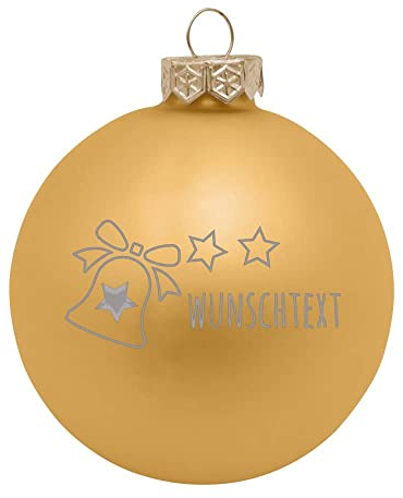 Deitert Weihnachtskugel mit Wunschtext Gravur, Ø 8cm, personalisierte Christbaumkugel aus Glas (matt), Individueller Weihnachtsbaumschmuck Namen oder Spruch, Glocken-Motiv, Gold
