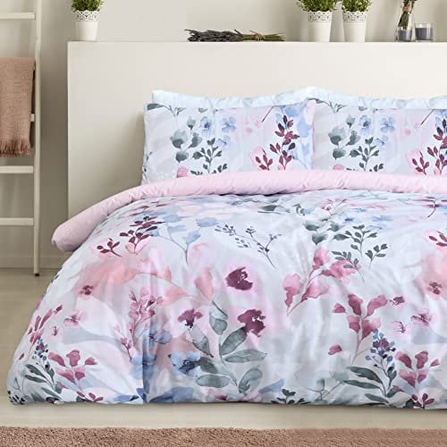 Sleepdown Botanical Leaves Floral Blush Pink Blau Wendebettbezug Quilt Kissenbezüge Bettwäsche-Set Weich Pflegeleicht - King (230 cm x 220 cm)