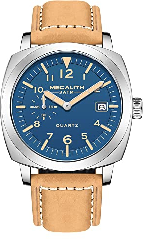 MEGALITH Herrenuhr Militär Sport Outdoor Wasserdicht mit Lederarmband Großes Zifferblatt Leuchtender Kalender Datum